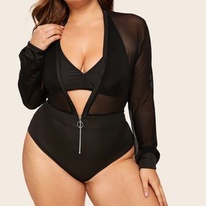 Plus Zip Front Mesh Teddy Bodysuit